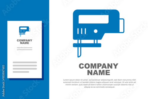 Blue Electric jigsaw with steel sharp blade icon isolated on white background. Power tool for woodwork. Logo design template element. Vector