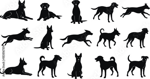 Dog Breeds Silhouette Vector Collection, Black Dogs in Different Poses, Running, Sitting, Lying, Standing, Pet Animal Graphic Icons Set, Editable Stock Illustration Content.