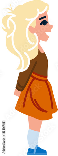 Smiling blonde schoolgirl standing in profile cartoon illustration