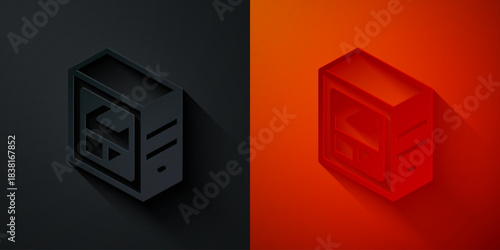 Paper cut Computer icon isolated on black and red background. PC component sign. Paper art style. Vector