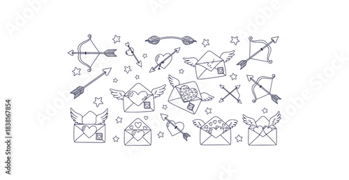 Charming hand drawn black line art doodle collection featuring hearts arrows sparkles and love letters for romantic designs