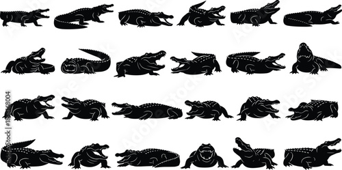 Crocodile and Alligator Silhouette Set, Black Vector Illustration of Various Aggressive Reptile Poses, Open Jaws, Side View, Collection of 24 Predatory Animal Icons for Logo Design
