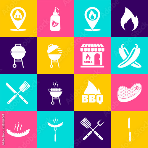 Set Barbecue knife, Steak meat, Crossed hot chili pepper pod, Location with fire flame, grill, barbecue and shopping building icon. Vector