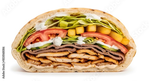 Grilled chicken wrap with fresh vegetables isolated on white background