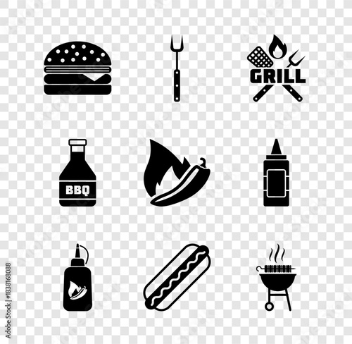 Set Burger, Barbecue fork, Crossed and spatula, Ketchup bottle, Hotdog sandwich, grilled shish kebab, and chili pepper pod icon. Vector