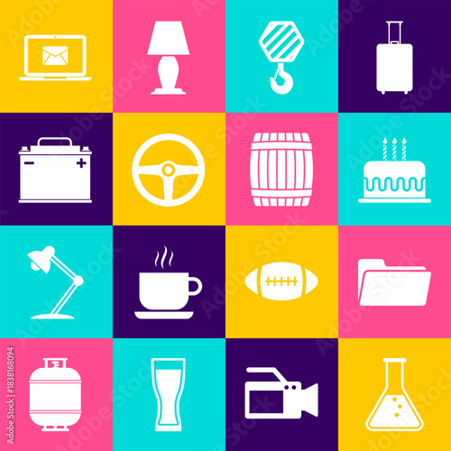 Set Test tube and flask, Folder, Cake with burning candles, Industrial hook, Steering wheel and Car battery icon. Vector