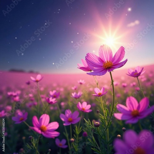 Vibrant purple cosmos dance in a sunlit field , floral, delicate, purple