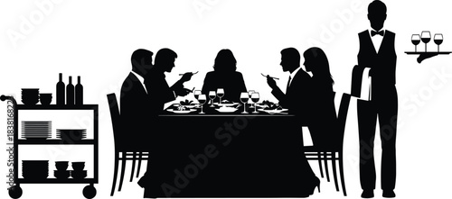 Fine dining restaurant service vector silhouette, professional waiter serving glasses of wine to business people having dinner at black table, dinner party