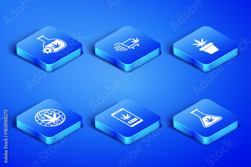 Set Test tube with marijuana, Online buying, Legalize, Shopping cart and Marijuana plant pot icon. Vector