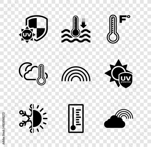 Set UV protection, Water thermometer, Meteorology, Sun and snowflake, Rainbow with cloud, Thermometer cloud, moon and icon. Vector