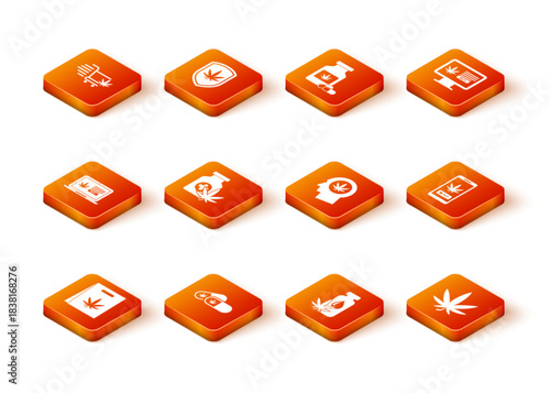 Set Shopping bag of marijuana, Medical pills with, Online buying, bottle, Marijuana or cannabis leaf oil, Head profile, and icon. Vector