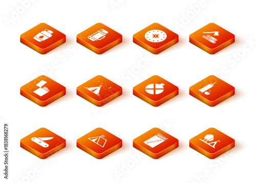 Set Swiss army knife, Tourist tent with flag, Lighter, Open matchbox and matches, Canteen water bottle, and Thermos container icon. Vector