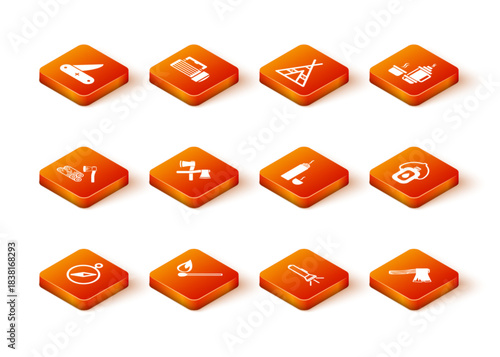 Set Compass, Burning match with fire, Wooden axe and wood, Crossed wooden, Flashlight, Thermos container, Old and Canteen water bottle icon. Vector