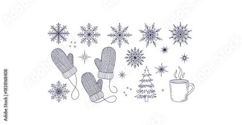 Charming winter doodle clipart set featuring snowflakes mittens mug and tree on white