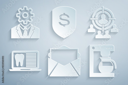 Set Mail and e-mail, Marketing target strategy, Laptop with dental card, Coffee machine pot, Shield dollar and Head gear inside icon. Vector
