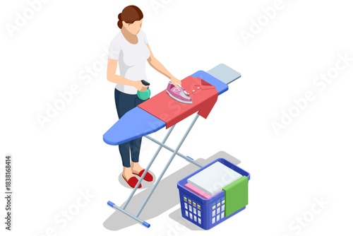 Isometric illustration of a woman ironing a red shirt on an ironing board with a laundry basket full of folded clothes. Household textile care and domestic chore scene.