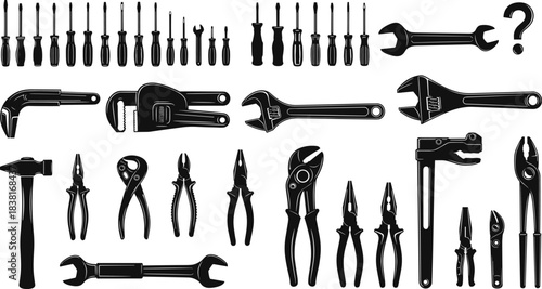Hand Tools Collection Vector Illustration, Including Variety of Screwdrivers, Wrenches, Pliers, and Hammer, Essential Toolkit for Repair, Construction, and Home Maintenance Service.