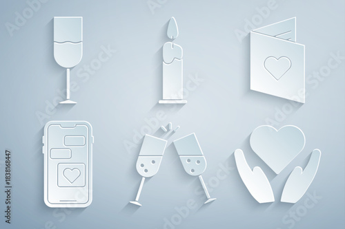 Set Glass of champagne, Valentines day flyer with heart, Mobile, Heart hand, Burning candle and Wine glass icon. Vector