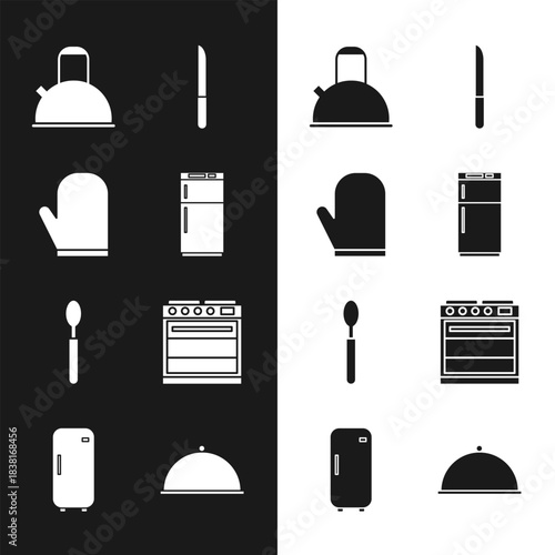Set Refrigerator, Oven glove, Kettle with handle, Knife, Spoon, Covered tray and icon. Vector