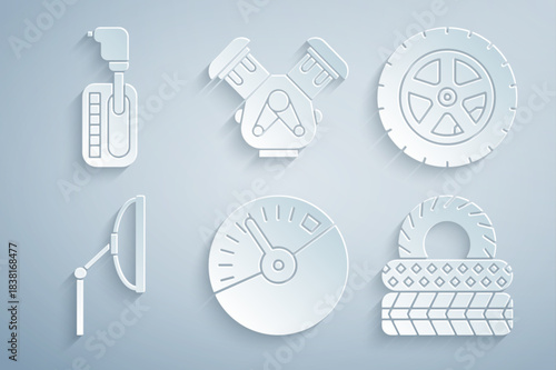 Set Speedometer, Car wheel, Windscreen wiper, tire, engine and Gear shifter icon. Vector