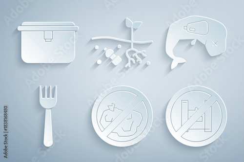 Set No trash, Environment protection whale dead, Disposable plastic fork, Say no to bags poster, Problem of pollution planet and Lunch box icon. Vector