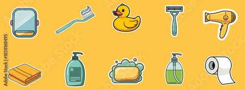 bathroom and toiletries sticker collection with hygiene and grooming items