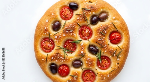 Fresh tomato and olive focaccia isolated on white background