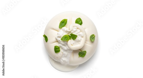 Creamy white dip with fresh basil isolated on white background