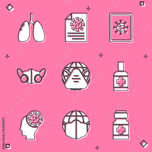 Set Lungs, Clipboard with blood test results, Virus statistics on monitor, Medical protective mask, Earth medical, Liquid antibacterial soap, Human and virus and icon. Vector