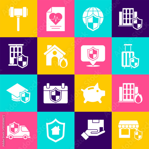 Set Shopping building with shield, Fire burning house, Travel suitcase, Shield world globe, House, Judge gavel and Location icon. Vector
