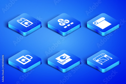 Set Plotter, Paper shopping bag, Business card, Coffee cup, RGB color mixing and Roll paper icon. Vector