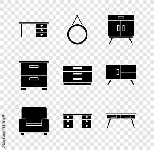 Set Office desk, Mirror, Chest of drawers, Armchair, Furniture nightstand and icon. Vector
