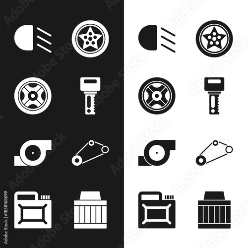 Set Car key with remote, wheel, High beam, Automotive turbocharger, Timing belt kit, air filter and Canister for motor oil icon. Vector
