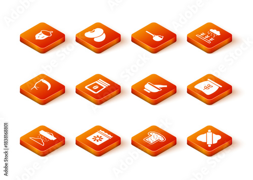 Set Sifting flour, Pack full of seeds of plant, Scythe, Bag coffee beans, Bread toast, Mortar and pestle, Rolling pin on dough and icon. Vector