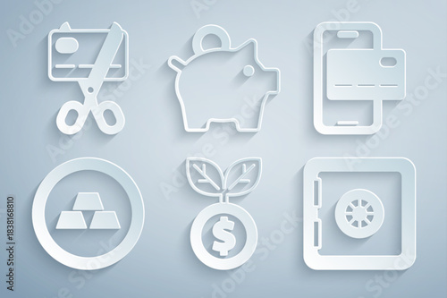 Set Dollar plant, Mobile banking, Gold bars, Safe, Piggy and Scissors cutting credit card icon. Vector