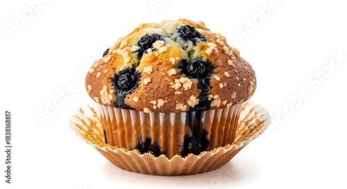 Delicious blueberry muffin in a paper cup isolated on white background