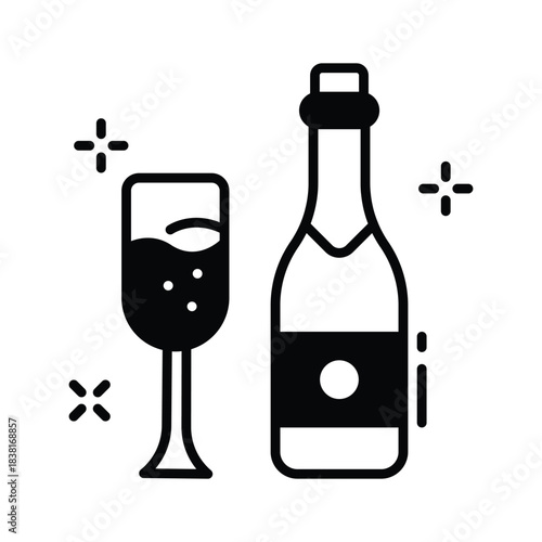Festive wine bottle with glass for holiday toast, modern glyph icon