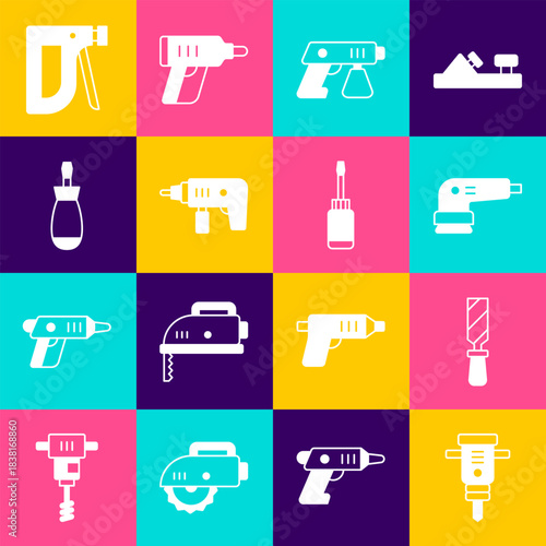 Set Construction jackhammer, Rasp metal file, Electric sander, Paint spray gun, drill machine, Screwdriver, stapler and icon. Vector