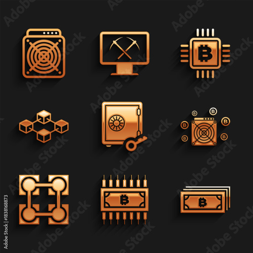 Set Proof of stake, Cryptocurrency bitcoin with circuit, , ASIC Miner, Blockchain technology and icon. Vector