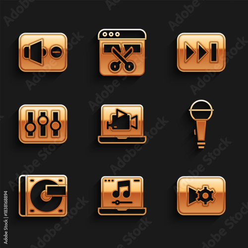 Set Online play video, Laptop with music, Music or settings, Microphone, Vinyl player vinyl disk, Sound mixer controller, Fast forward and Speaker mute icon. Vector