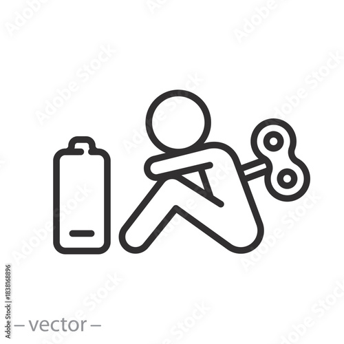 Chronic fatigue icon, no energy, tired symbol, tiredness, man with loss of energy, thin line symbol on white background - editable stroke vector illustration