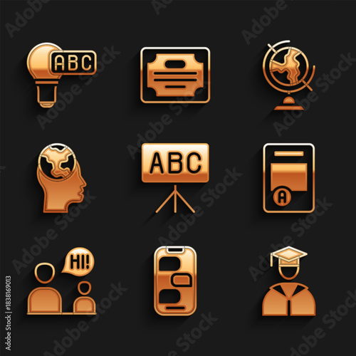 Set Chalkboard, Graduate and graduation cap, Exam sheet with A plus grade, Two sitting men talking, Learning foreign languages, Earth globe and Creative lamp light idea icon. Vector