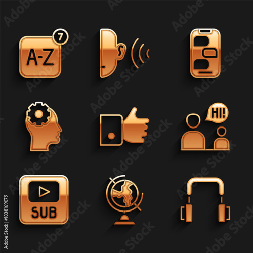 Set Hand like, Earth globe, Headphones, Two sitting men talking, Video with subtitles, gear inside, New chat messages notification and Online translator icon. Vector