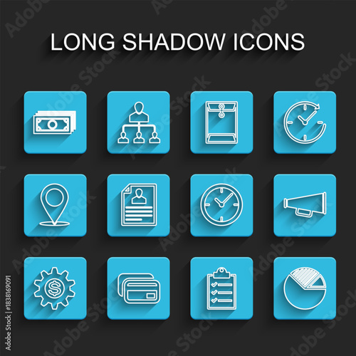 Set line Gear with dollar symbol, Credit card, Stacks paper money cash, Clipboard checklist, Pie chart infographic, Resume, Megaphone and Clock icon. Vector