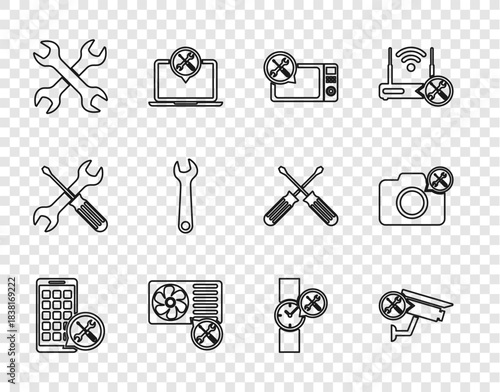 Set line Mobile Apps service, Security camera, Microwave oven, Air conditioner, Crossed wrenchs, Wrench, Wrist watch and Photo icon. Vector