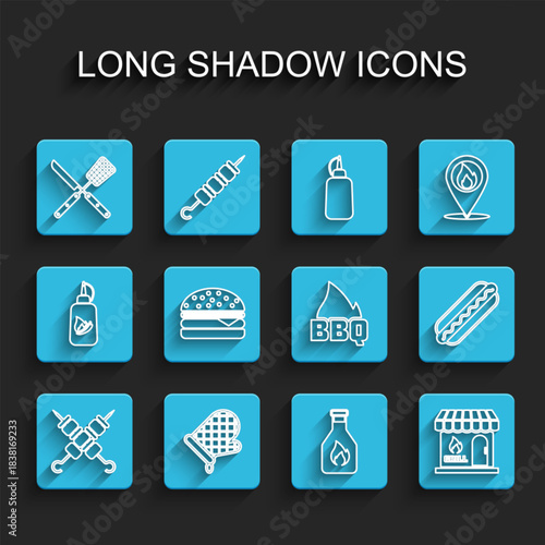 Set line Grilled shish kebab, Oven glove, Crossed knife and spatula, Ketchup bottle, Barbecue shopping building, Burger, Hotdog sandwich and fire flame icon. Vector