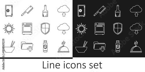 Set line Covered with tray of food, Cloud download, Paint brush, Oven, Sun, Safe, Shield and Meat chopper icon. Vector