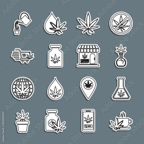 Set line Cup tea with marijuana, Test tube, Marijuana or cannabis leaf, Medical bottle, Shopping cart, Watering and and store icon. Vector