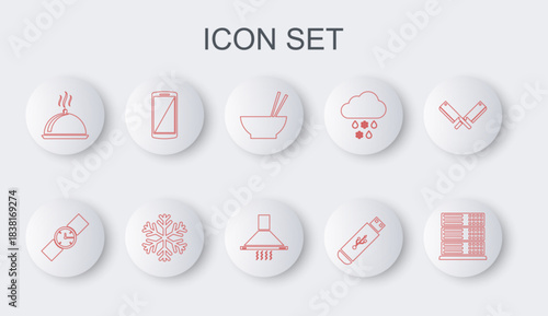 Set line Server, Data, Web Hosting, Wrist watch, Bowl with chopsticks, USB flash drive, Covered tray of food, Smartphone, mobile phone, Snowflake and Kitchen extractor fan icon. Vector
