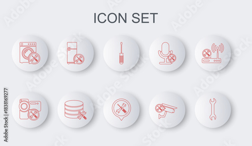 Set line Wrench, Video camera service, Screwdriver, Security, Washer, Refrigerator, Database server and Location icon. Vector